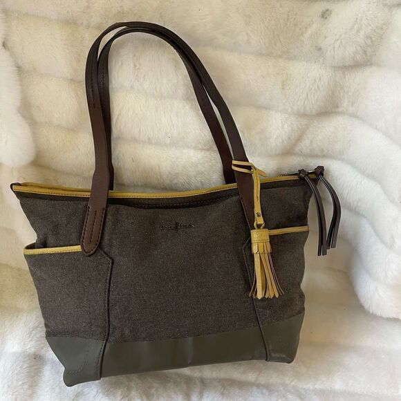 Cole Haan Fabric shoulder bag ,leather brown straps ,yellow& olive green trims - Picture 1 of 12